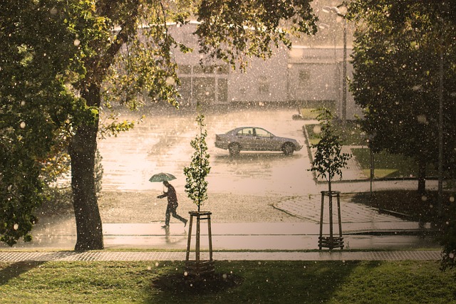 A scene of light rain during the day in a residential neighborhood and a distant figure ahead is walking with an umbrella.